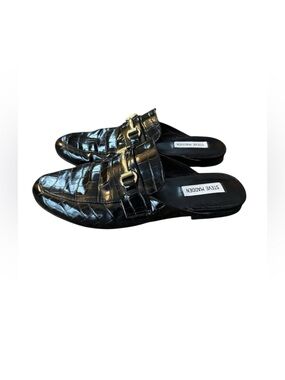 Steve Madden Kandi black crocodile embossed slip on mules with horse bit detail